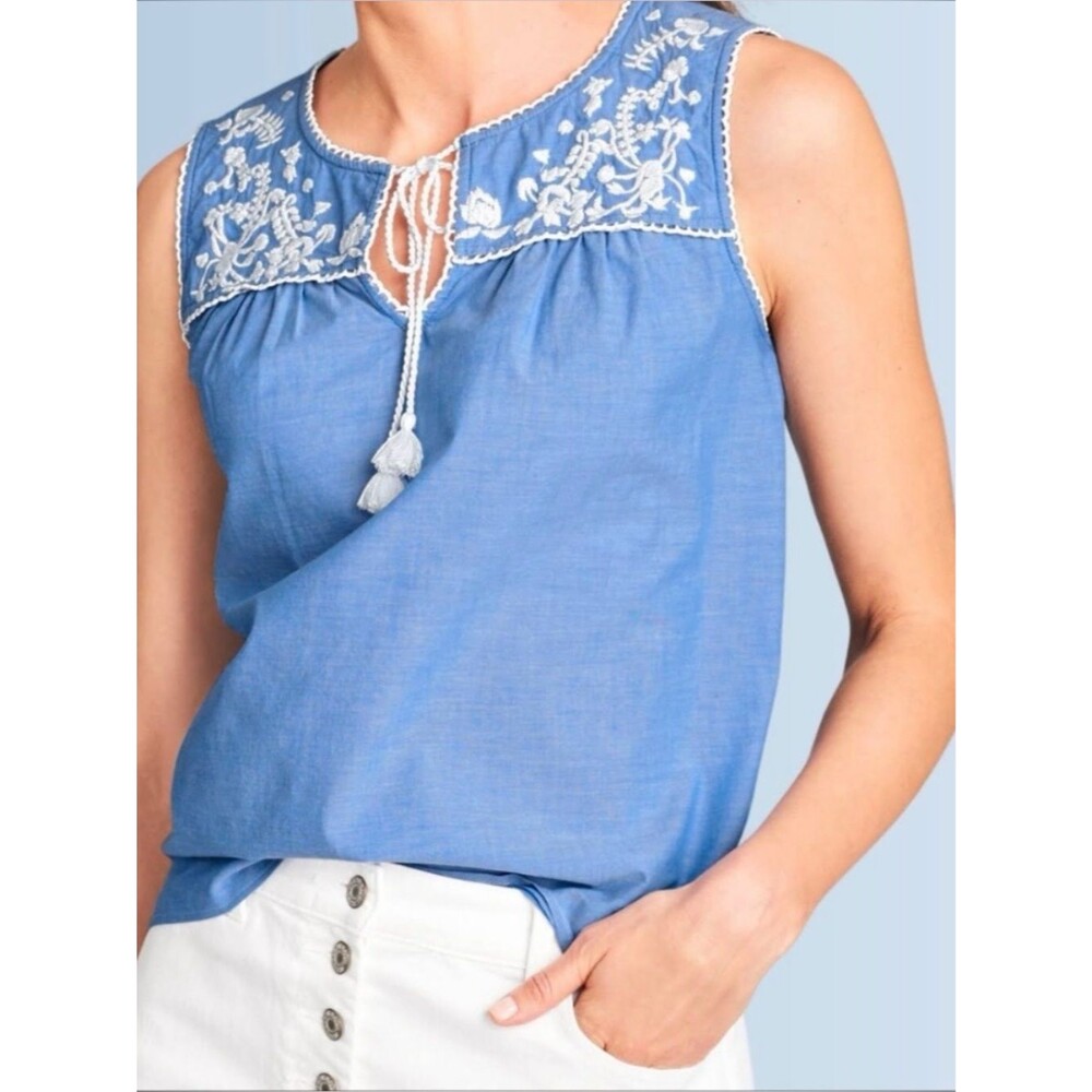 Talbots Embroidered Sleeveless Cotton blue white Boho Tassel Medium